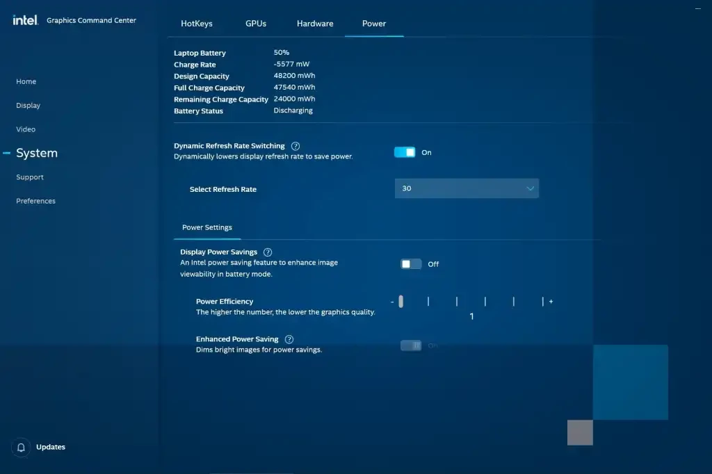 Intel’s Power Efficiency setting can cause drastic contrast changes depending on what’s onscreen.
