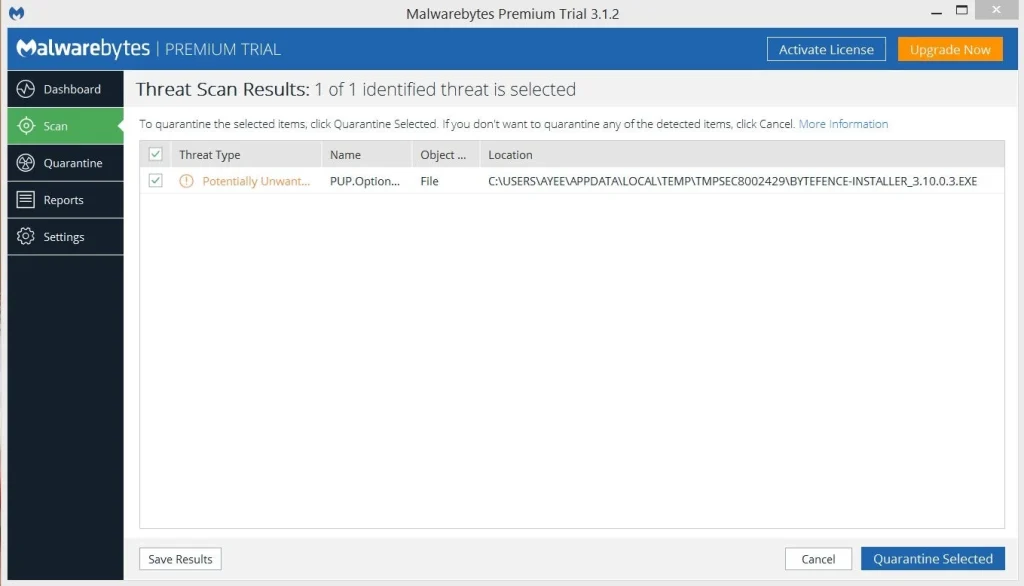 Malwarebytes presents the results of its scan and lets you remove the offending bits with one click. 