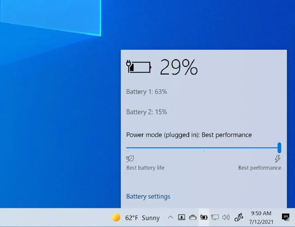 Windows 10 power slider
In Windows 10, finding the Windows power-performance slider is simple: just click the battery icon